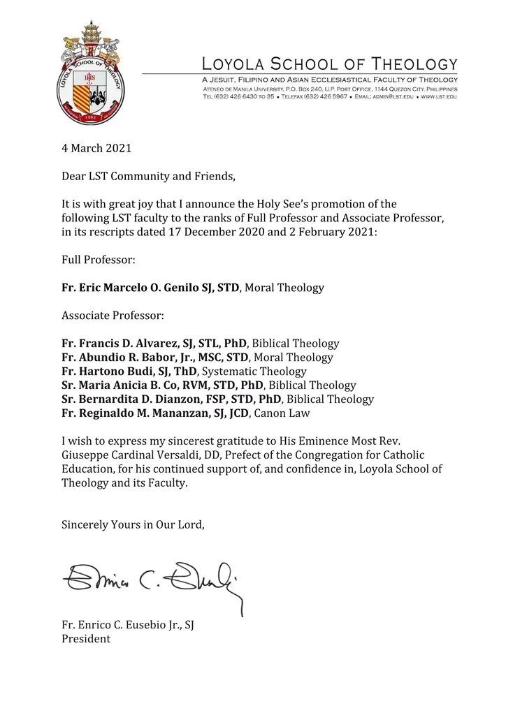 Nihil Obstat of the Holy See for 7 LST Faculty Members