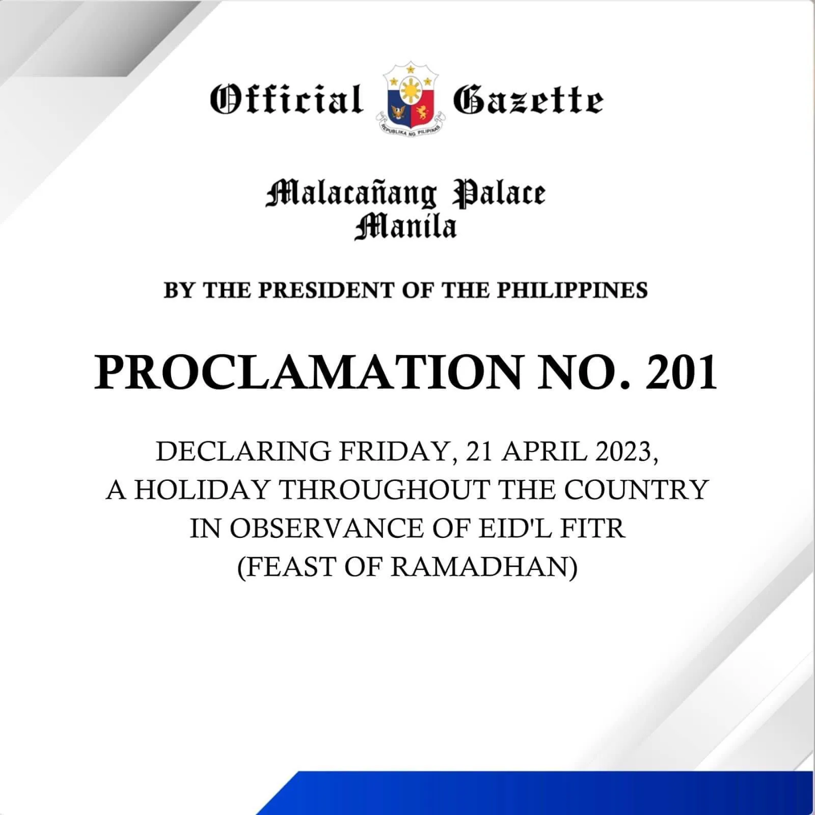 Regular Holiday on 21 April 2023 in Observance of Eid’l Fitr
